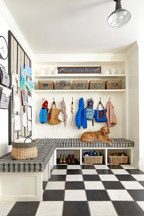 black and white industrial mudroom