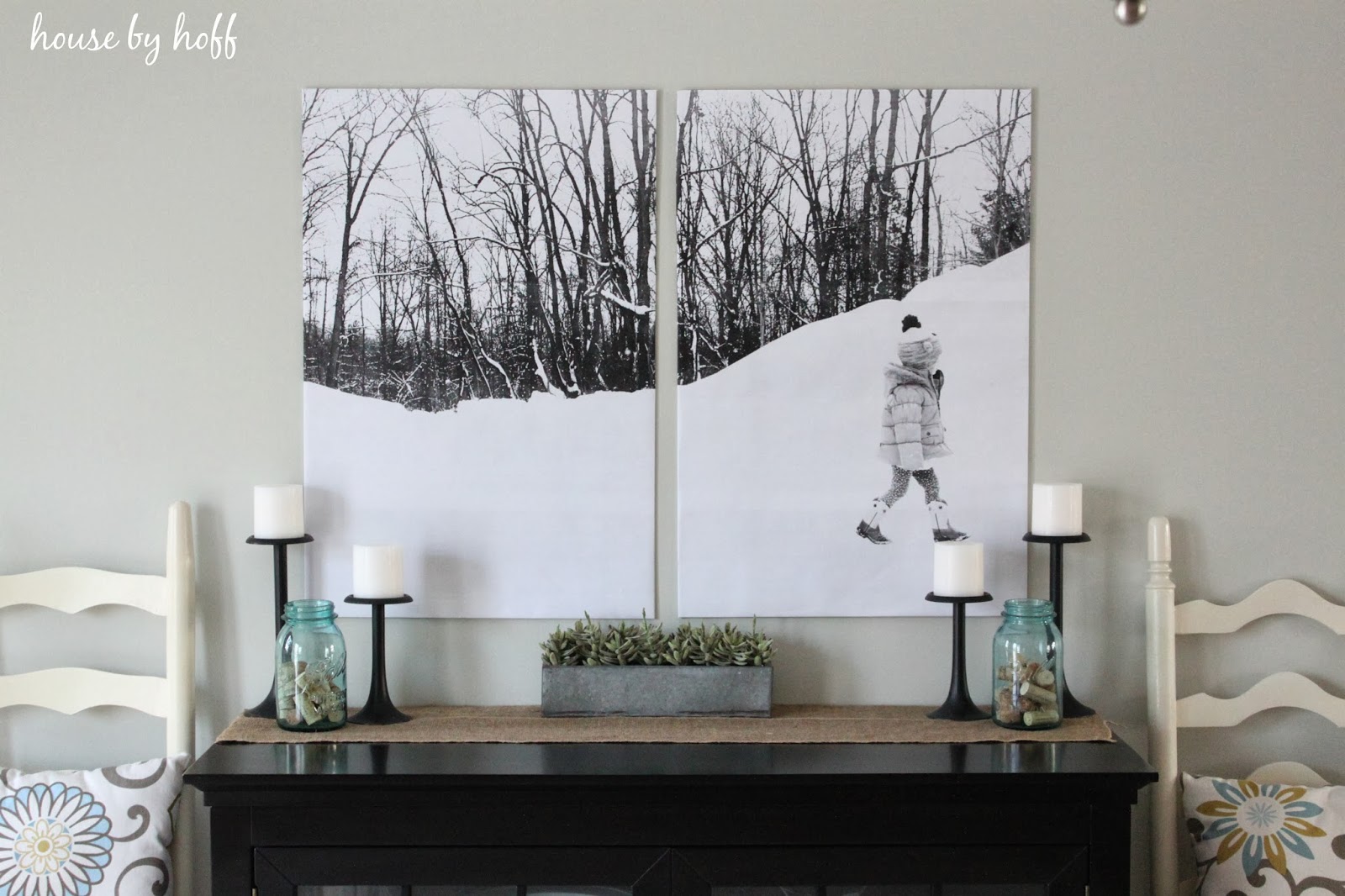 large black and white photo split into two canvases