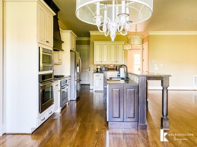 brown and dark wood open floor plan kitchen