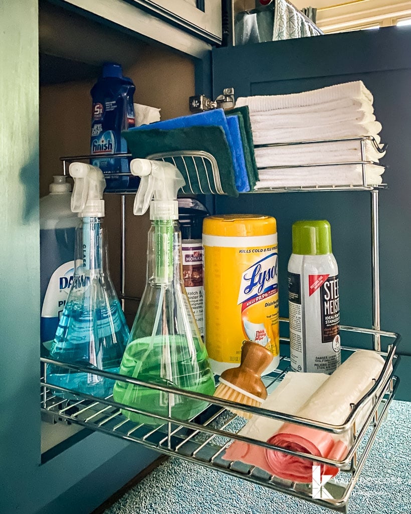 organized cabinet under kitchen sink