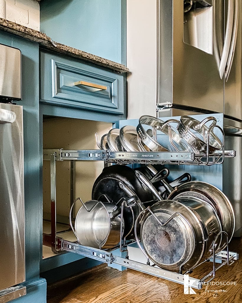 pots and pans organized on a pull-out rack