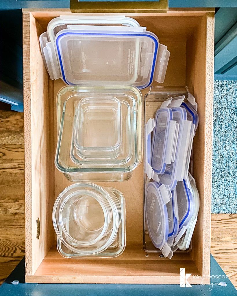 decluttered kitchen drawer with food storage containers
