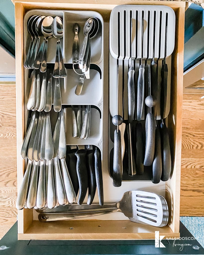 organized kitchen utensils and knives