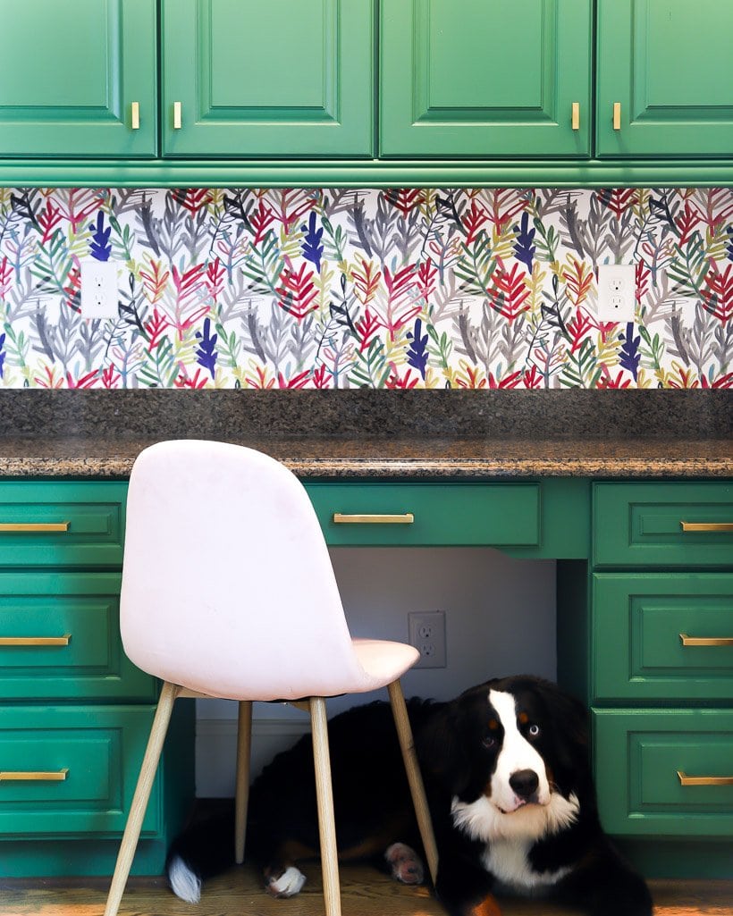 desk with wallpaper and green painted cabinets