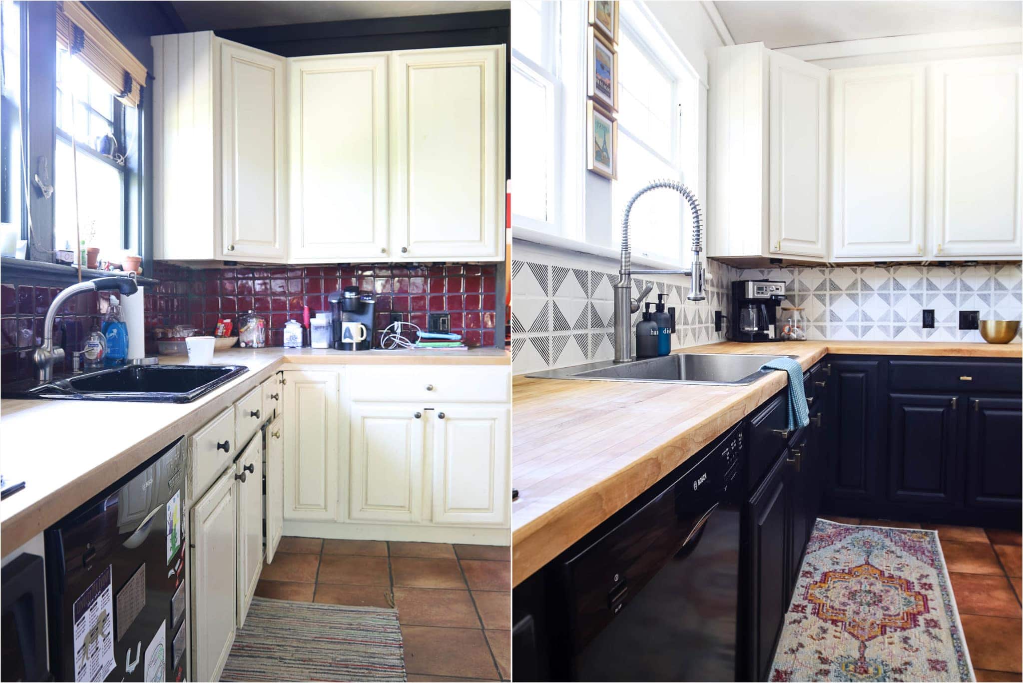 Two DIY kitchens, the first is "Before" and the second photo is the "After," showing an updated kitchen using the best paint for cabinets. 