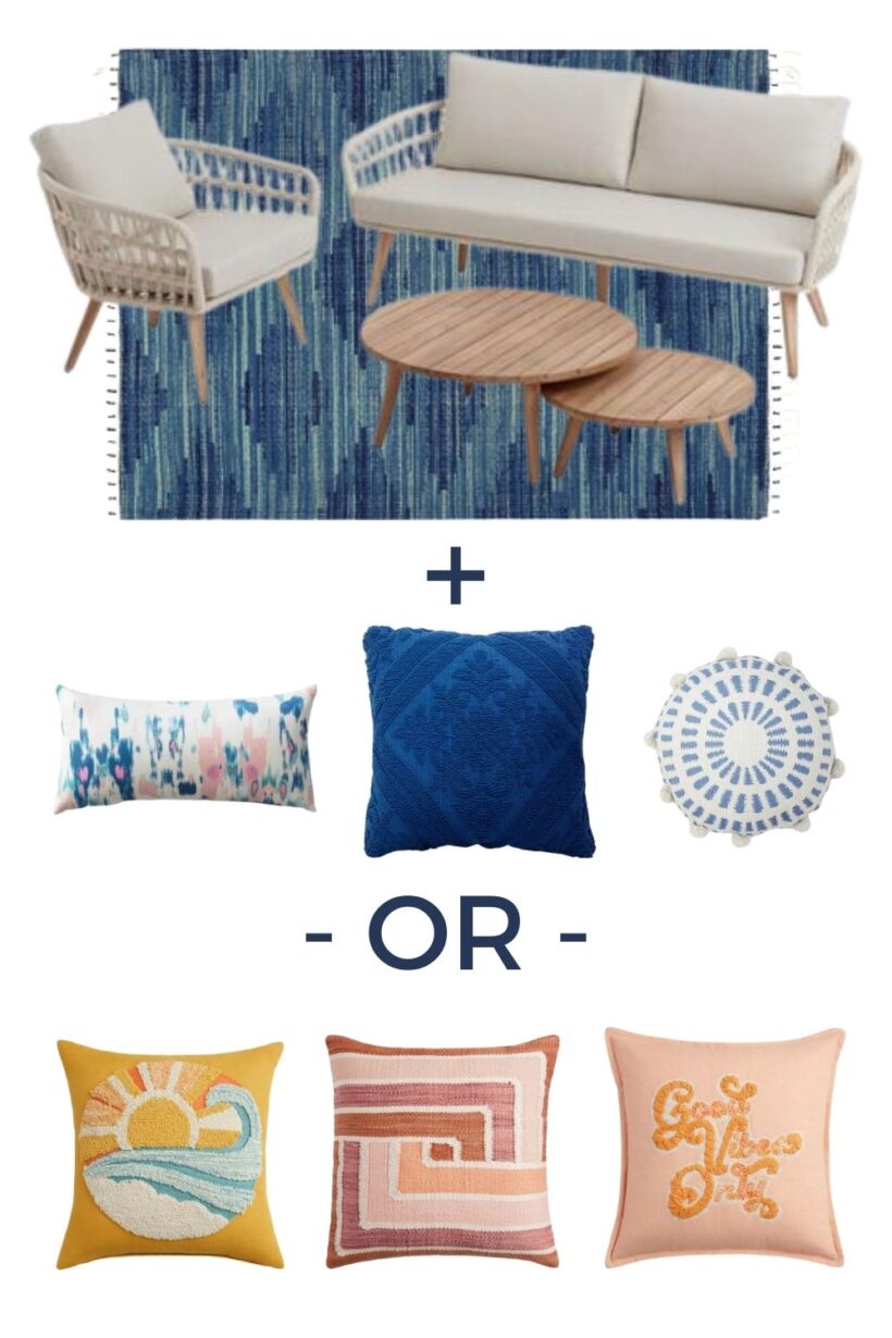 neutral sofa and blue rug with blue and pink or yellow and peach pillow options