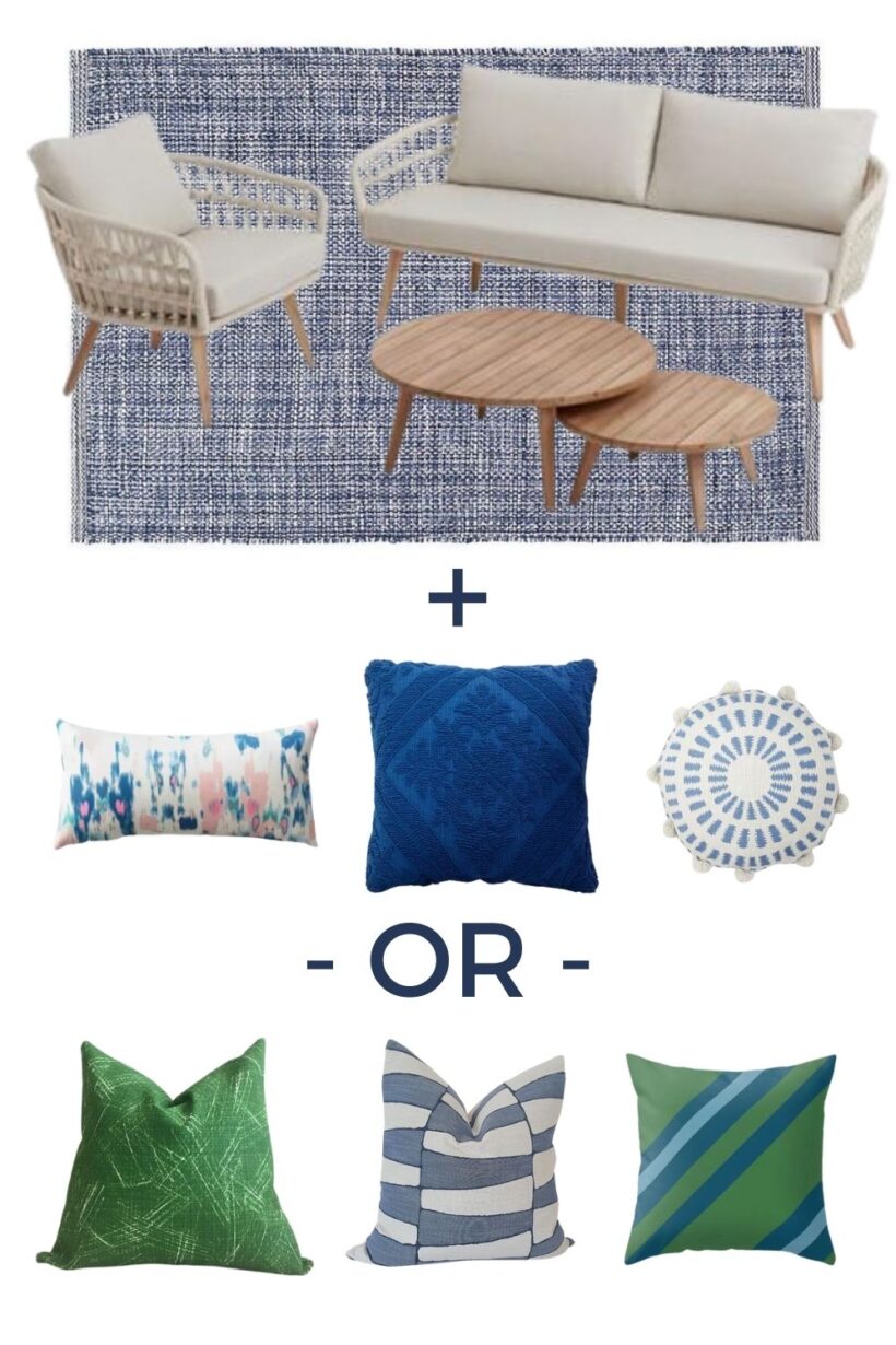 neutral sofa and blue rug with blue and green or blue and pink pillow options