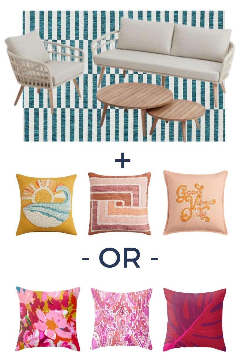 neutral sofa and striped rug with yellow and peach and or pink pillow options