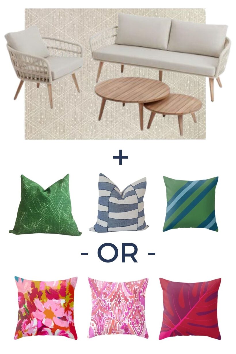 neutral sofa and rug with blue and green or pink pillow options