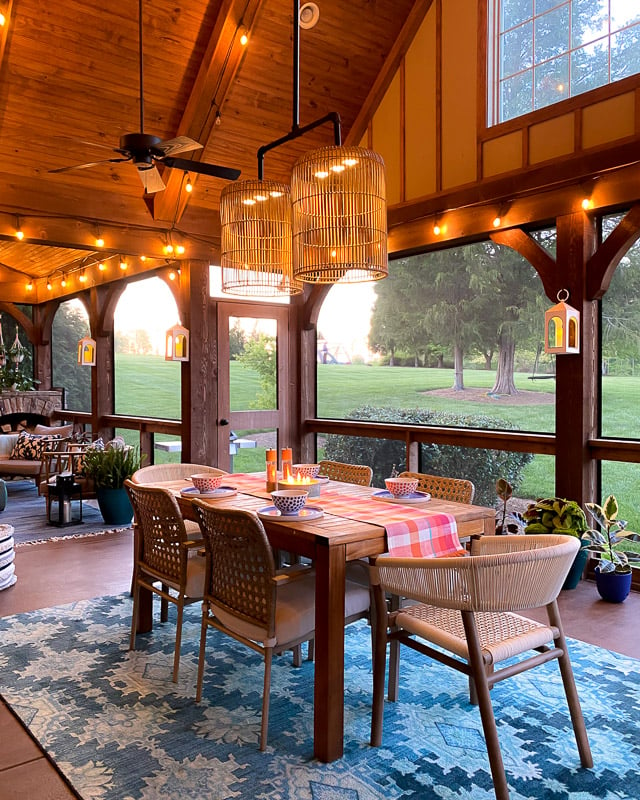 outdoor dining area with rug