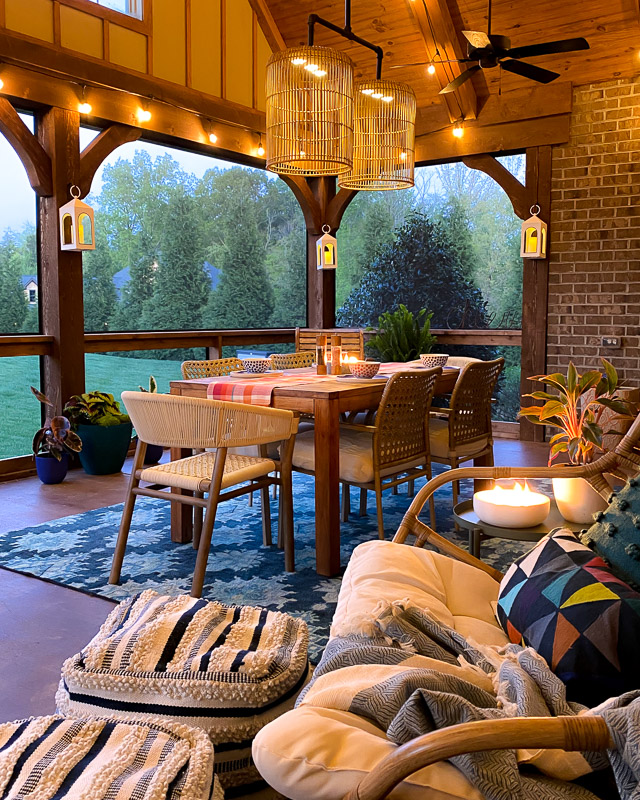 screened-in-porch with string lights at night