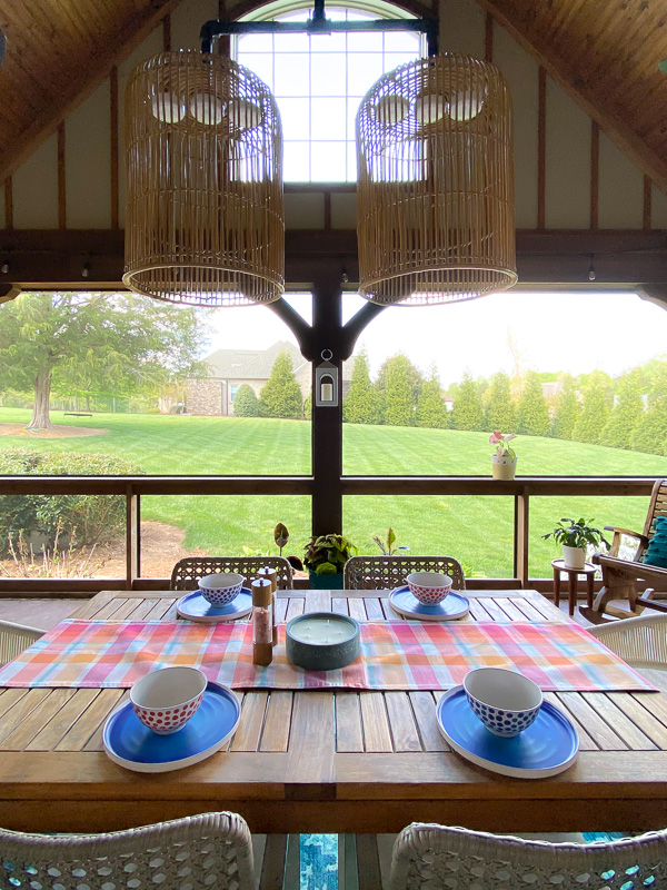 outdoor dining area with DIY chandelier