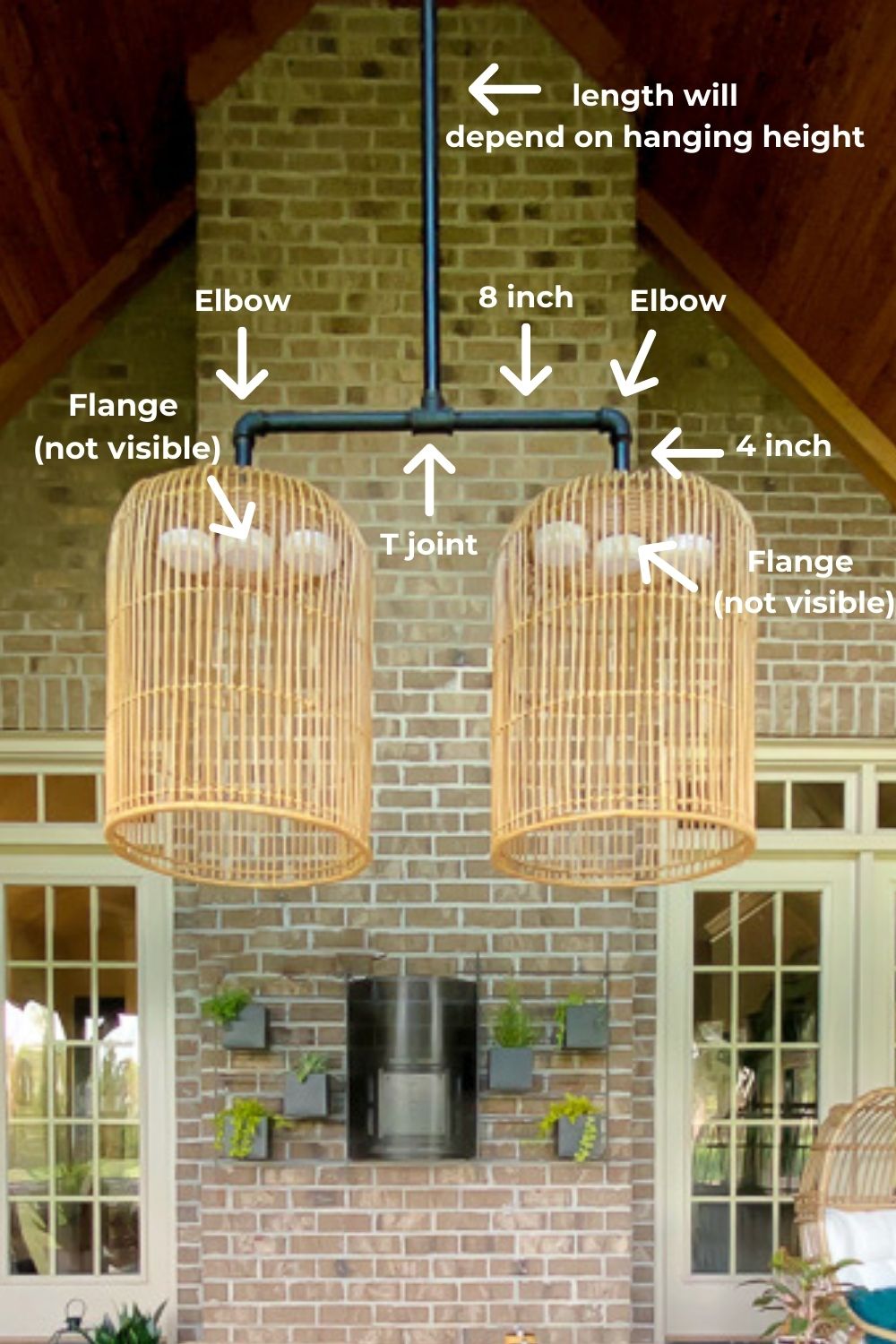 Photo with text overlay labeling the pieces needed to assemble a DIY outdoor chandelier made out of large baskets