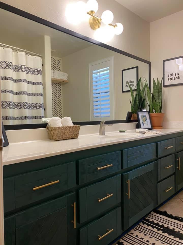 bathroom renovation with DIY mirror frame