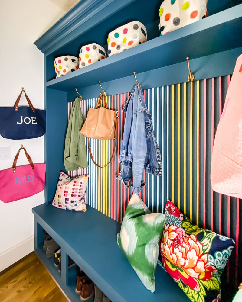 colorful mudroom bench