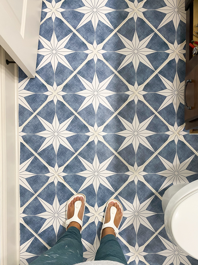 floor tile stickers in bathroom by Tasha Agruso of Kaleidoscope Living