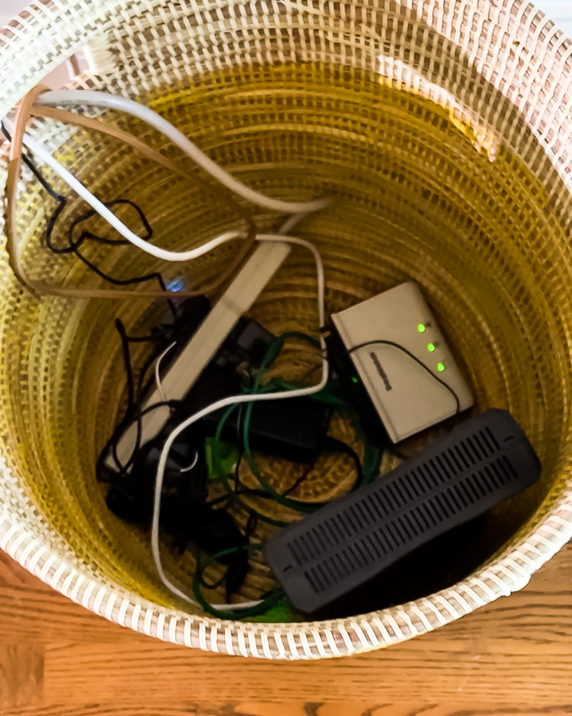 ugly cords hidden in pretty basket