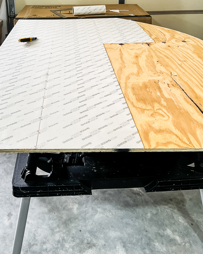 musselbound tile adhesive mat on plywood