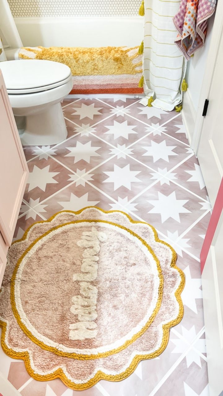 pink star tile stickers in bathroom by Tasha Agruso of Kaleidoscope Living