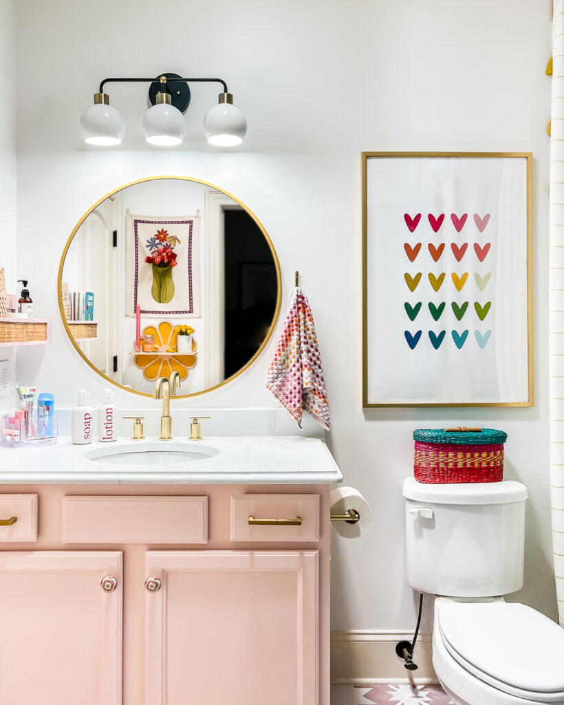 colorful girl's bathroom with light pink vanity