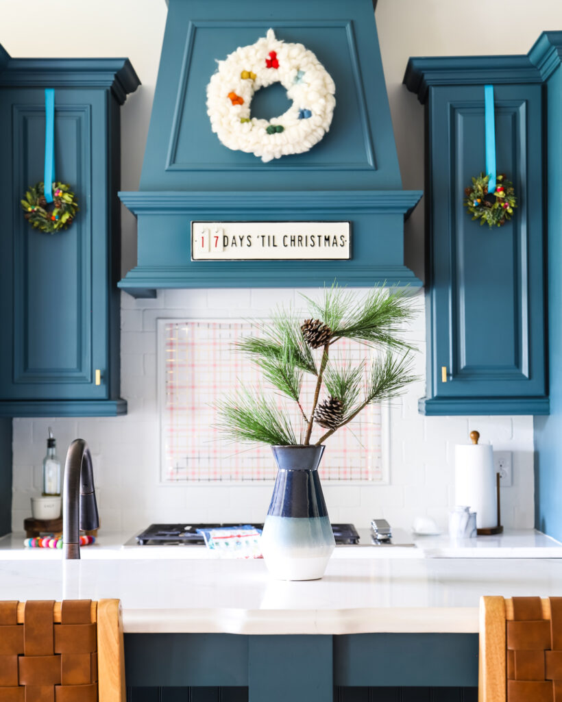 blue kitchen with christmas decorations