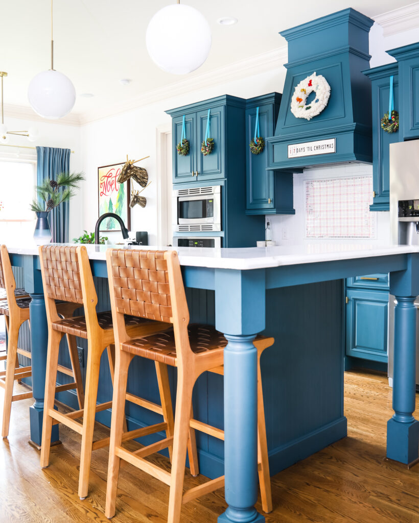 blue kitchen decorated for christmas