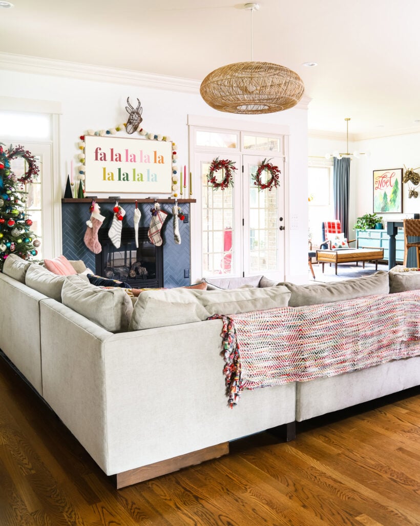 family room decorated for Christmas