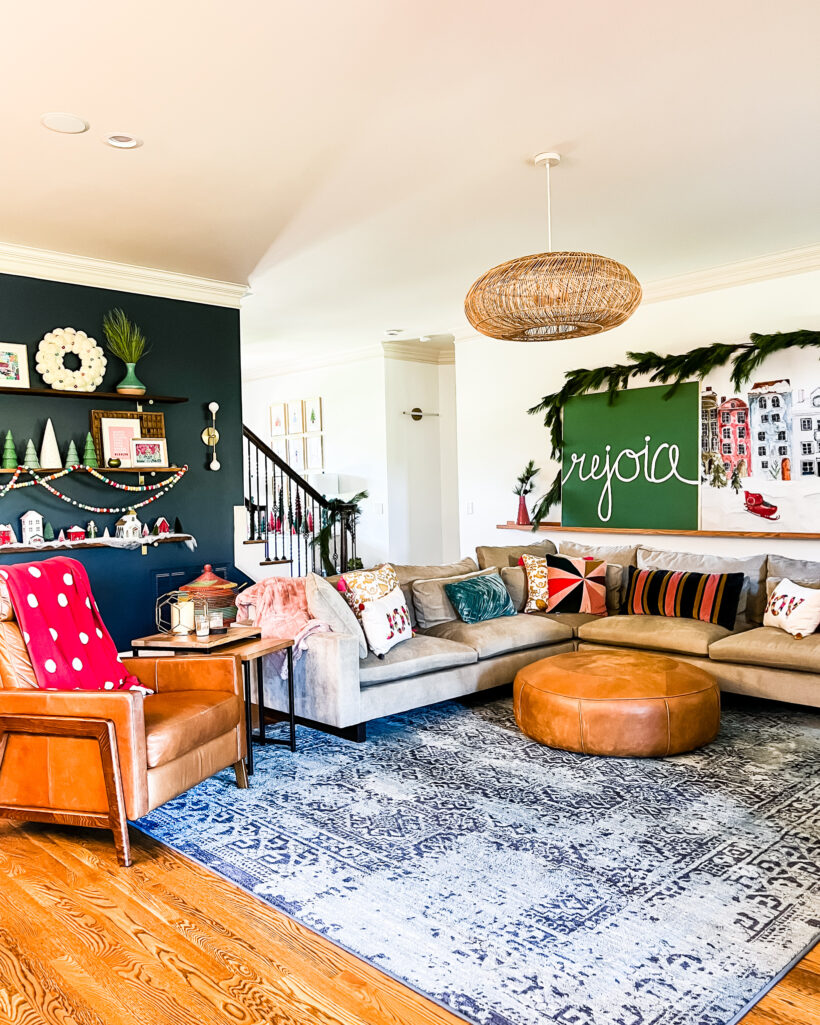 colorful family room decorated for Christmas