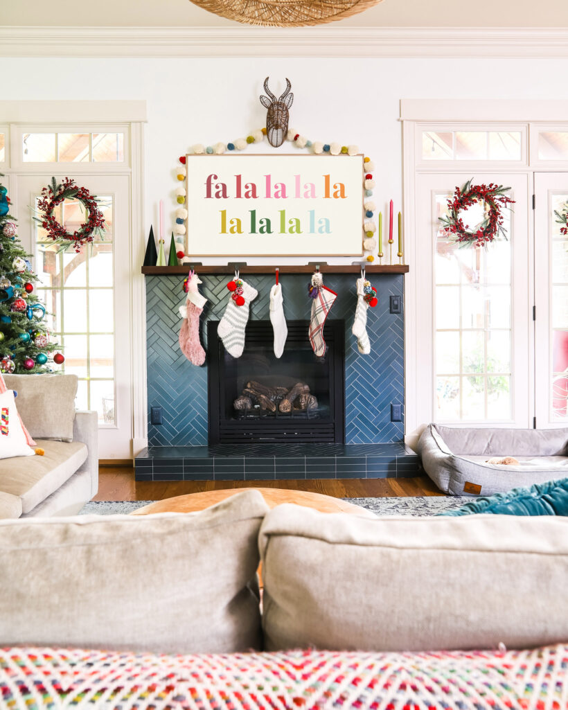 colorful family room decorated for the holidays