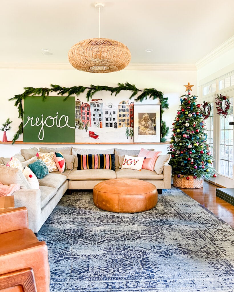 colorful christmas decorations in family room