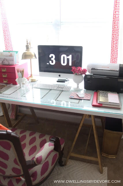 glam IKEA desk with nailhead trim and gold legs