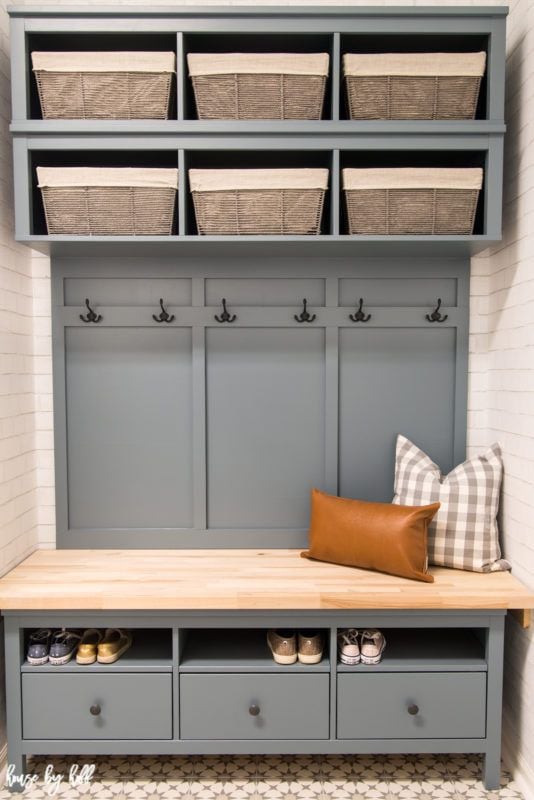 grey mudroom bench with IKEA hemnes and butcher block top