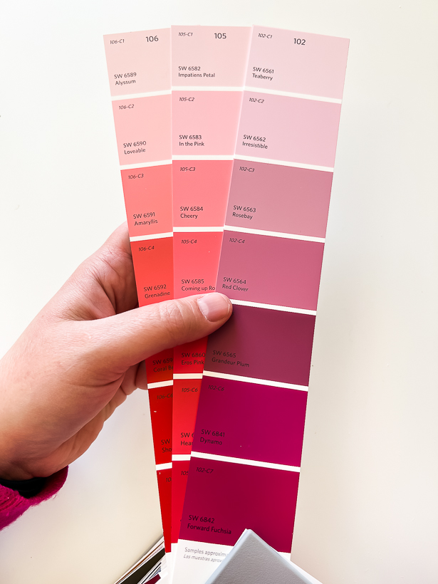 paint chips showing similar red and pink colors