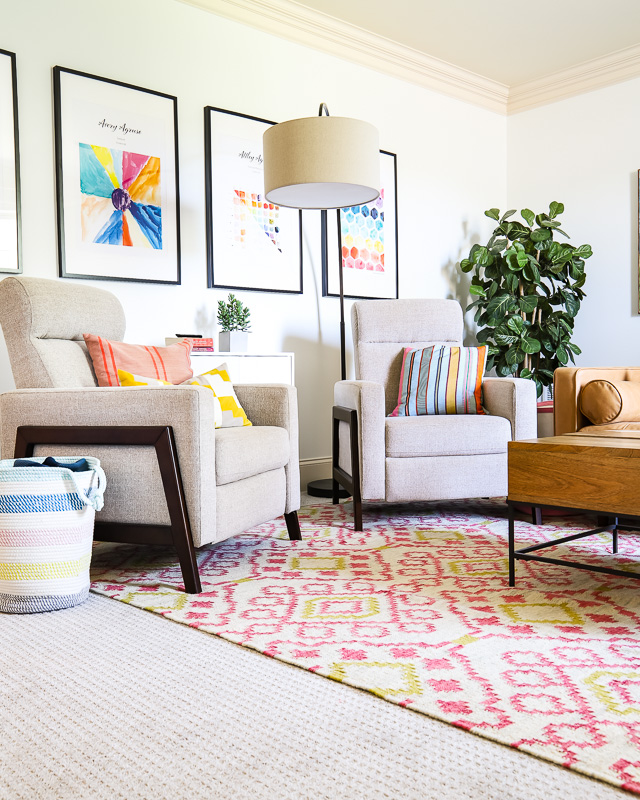 2 accent chairs in colorful family room