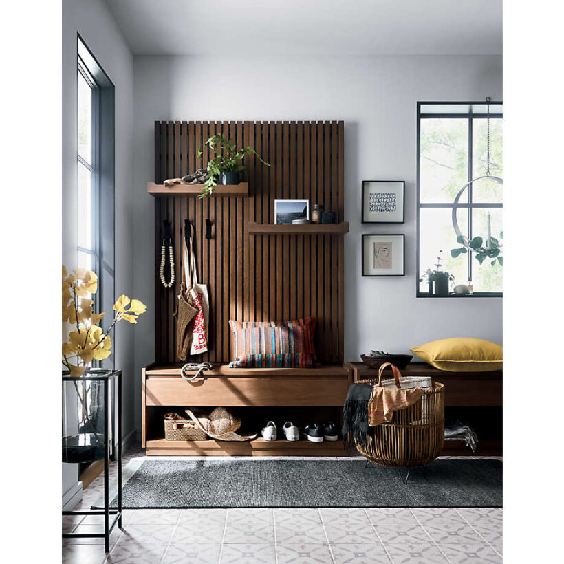 modern brown slat entryway modular furniture with pillow on seat and shoes and accessories on shelves