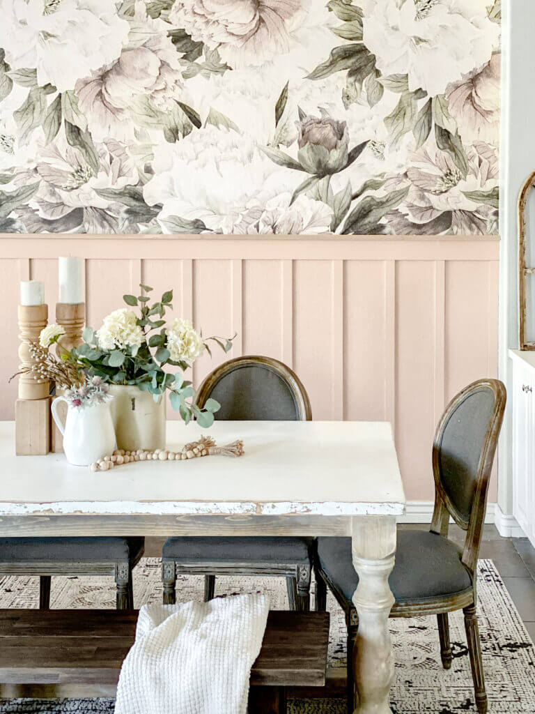 blush board and batten wall treatment with floral wallpaper