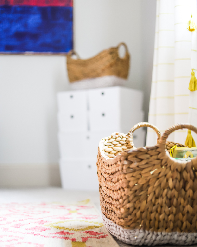 baskets and bins for storage in playroom