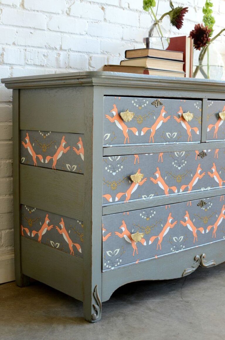 gray dresser decoupaged with fox fabric 