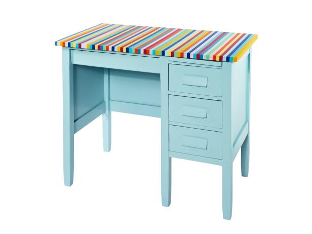 striped decoupage desk top on turquoise desk