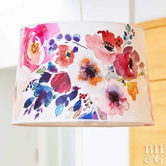 decoupaged lampshade with watercolor flowers