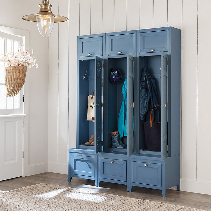 blue entryway storage cabinet