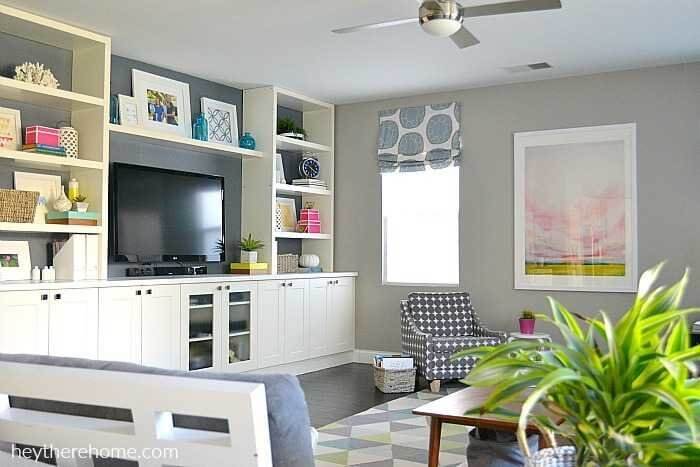 built-ins made from IKEA kitchen cabinets and shelves
