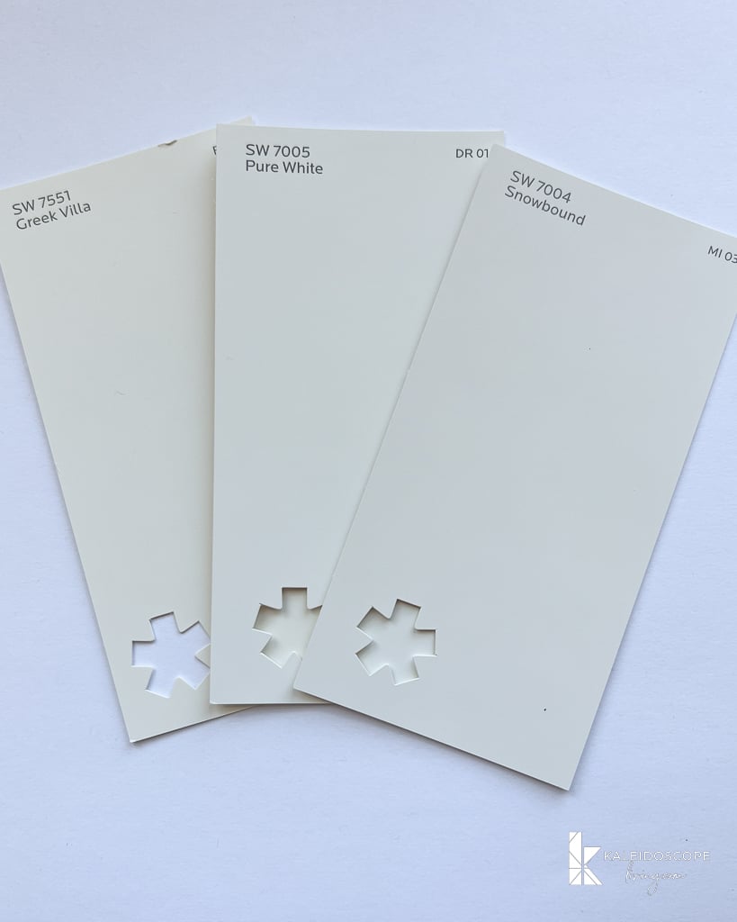 sherwin williams pure white vs. greek villa vs. snowbound