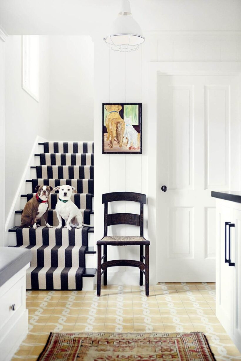 indoor-outdoor black and white striped carpet on stairs