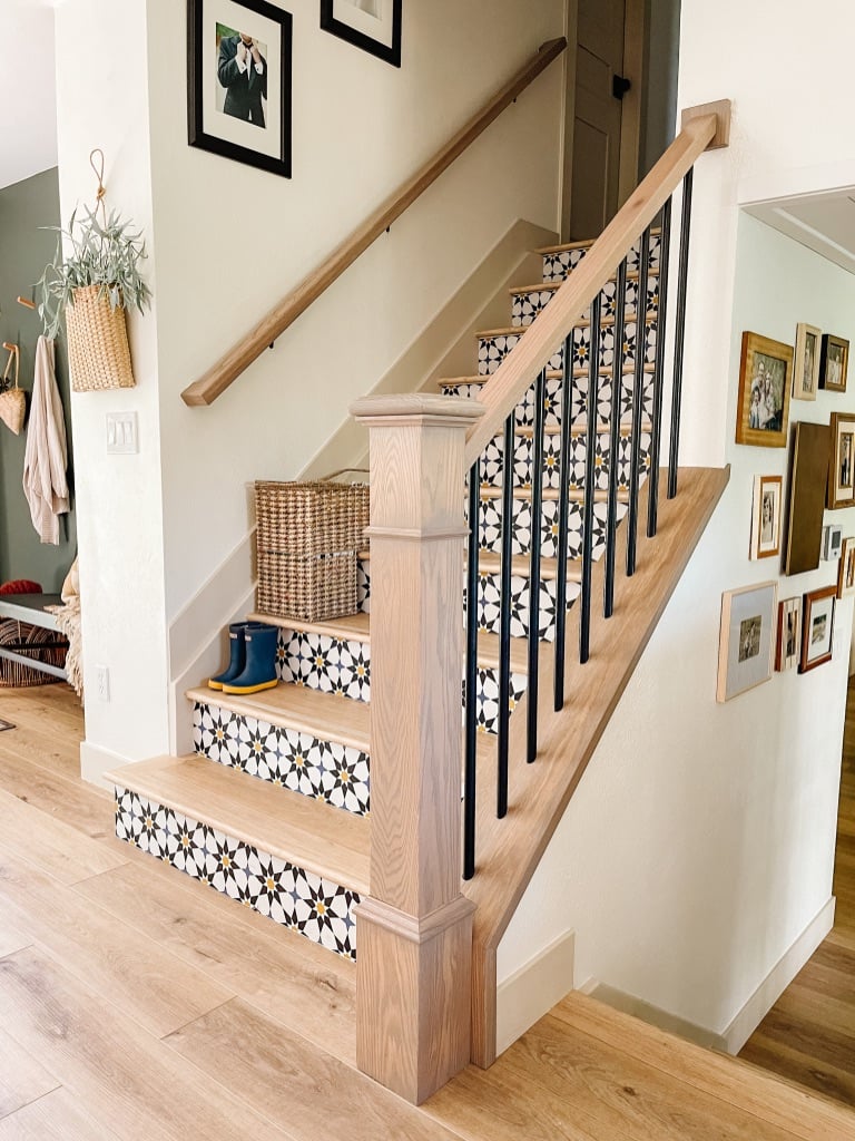 peel and stick wallpaper on stair risers