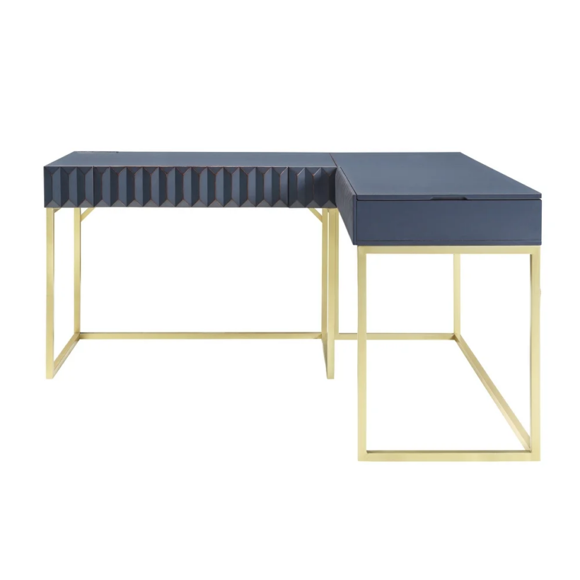 navy blue and gold l-shaped desk
