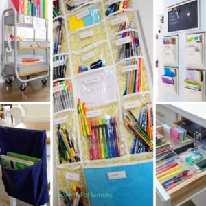 Collage of organization ideas for homeschooling and kids' homework supplies.