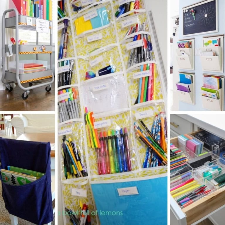 Collage of organization ideas for homeschooling and kids' homework supplies.