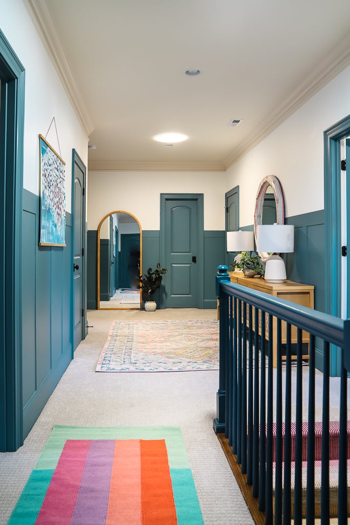 DIY board and batten in hallway painted Refuge by Sherwin-Williams