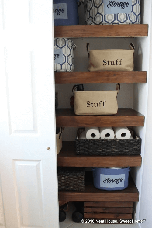 A DIY but custom shelving system for a linen closet makeover. Check out the  organizational ideas and…